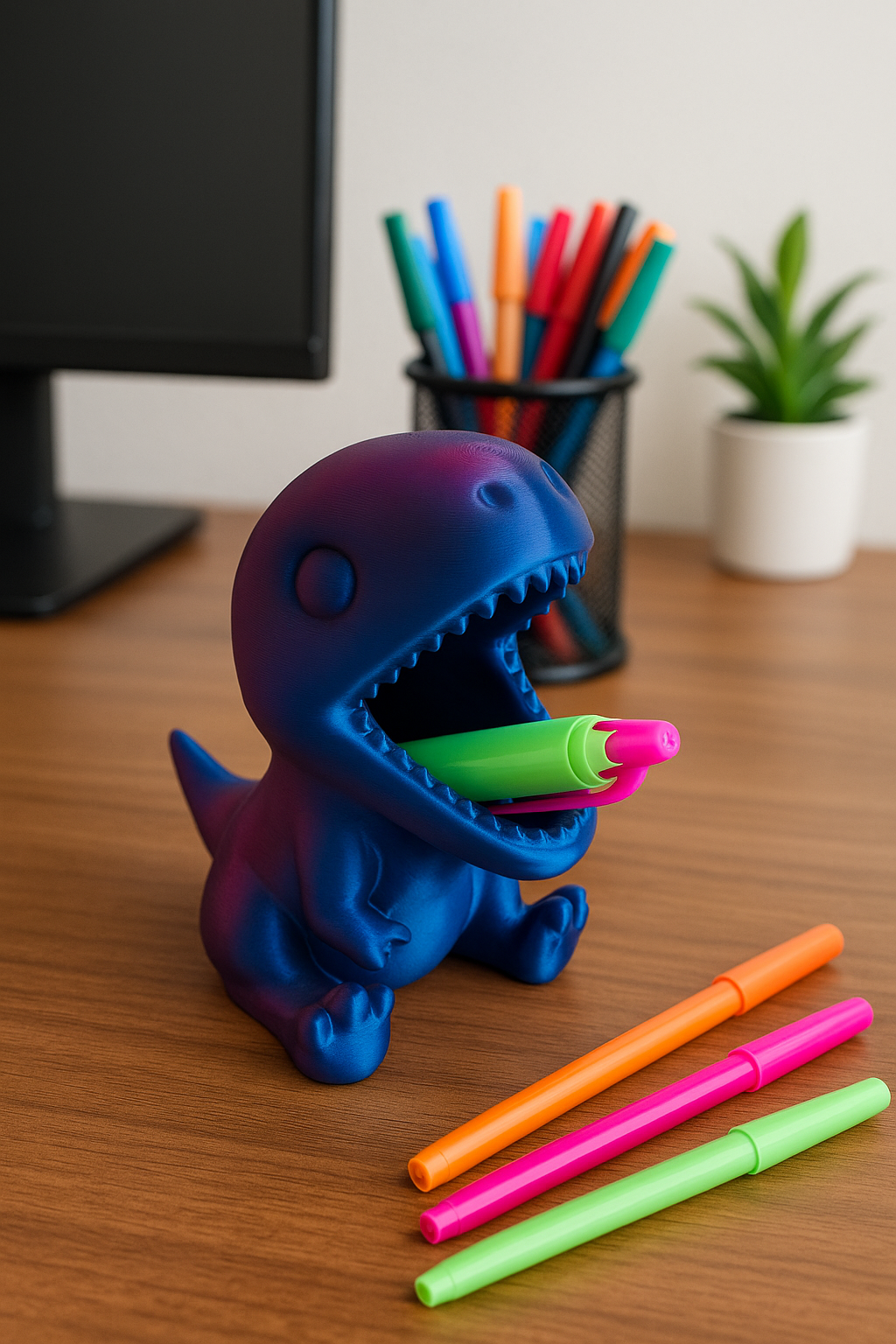 3D Printed Dinosaur Pen & Pencil Pot – Red/Purple Silk | Custom Colours Available