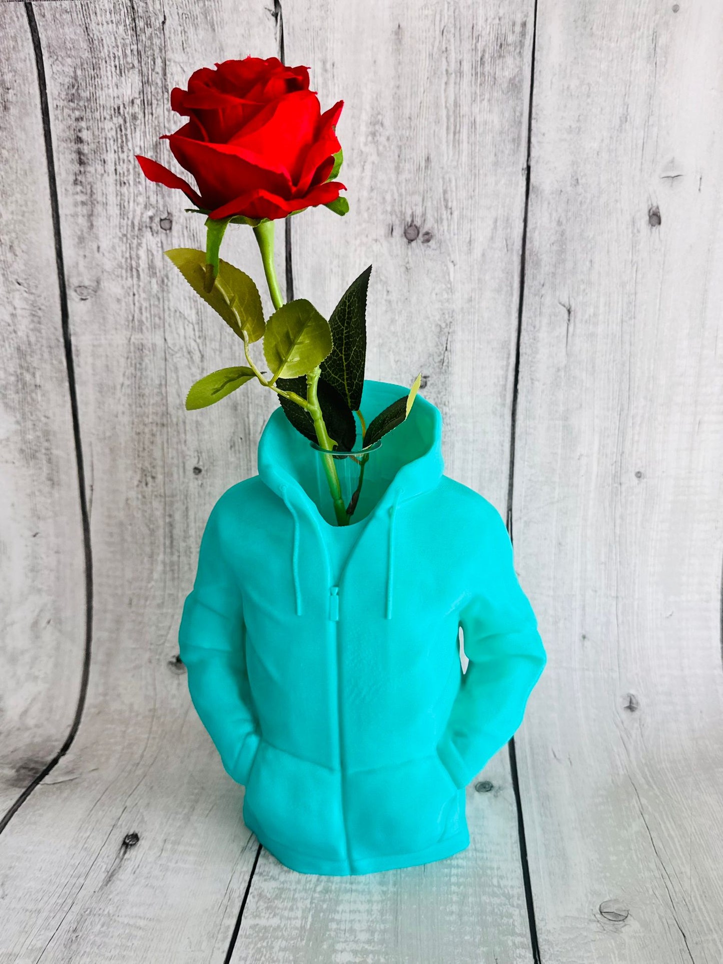 Flowers arranged in 3D printed hoodie vase